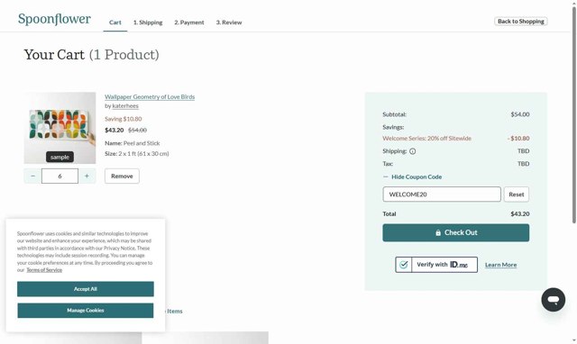 Spoonflower checkout page showing Spoonflower coupon code box | Screenshot taken by SimplyCodes community member on Sep 6, 2025