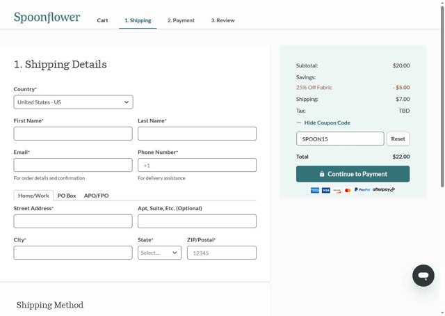 Spoonflower checkout page showing Spoonflower coupon code box | Screenshot taken by SimplyCodes community member on Jul 27, 2025