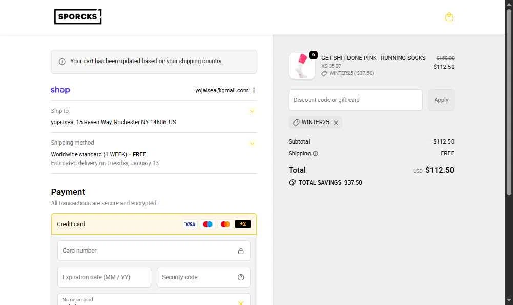 SPORCKS checkout page showing SPORCKS discount code box | Screenshot taken by SimplyCodes community member on Jan 4, 2026