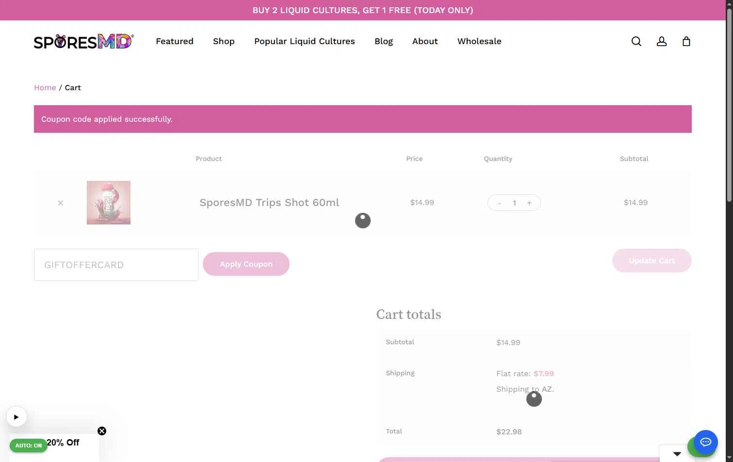 SporesMD checkout page showing SporesMD coupon code box | Screenshot taken by SimplyCodes community member on Jan 11, 2026