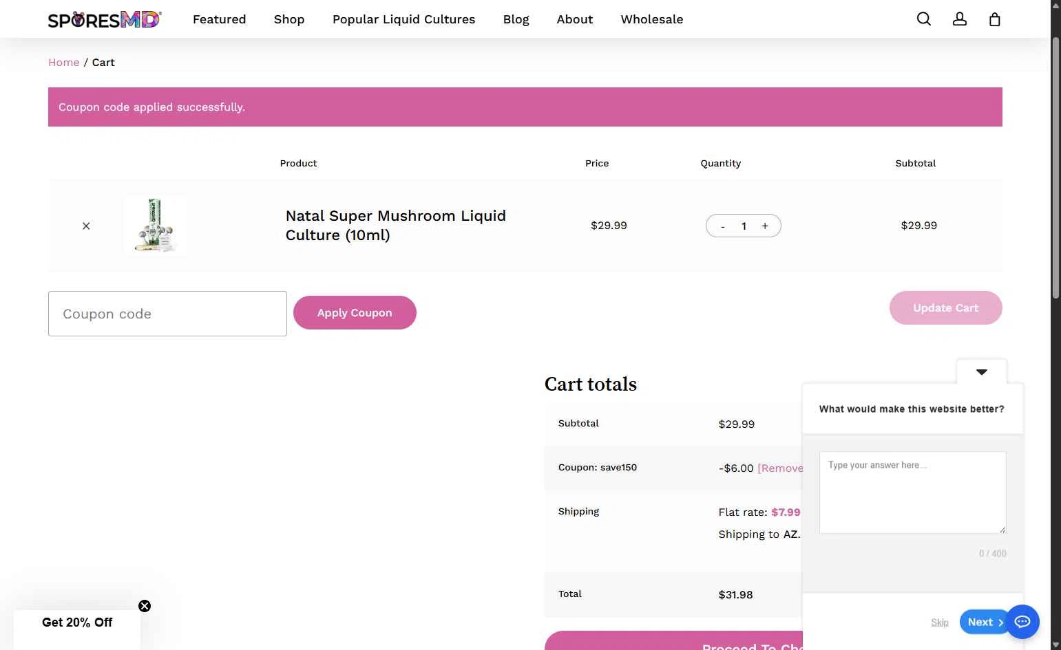 SporesMD checkout page showing SporesMD coupon code box | Screenshot taken by SimplyCodes community member on Jan 11, 2026