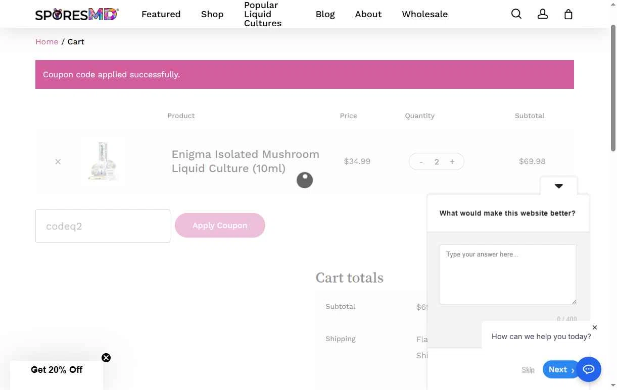 SporesMD checkout page showing SporesMD coupon code box | Screenshot taken by SimplyCodes community member on Jan 11, 2026