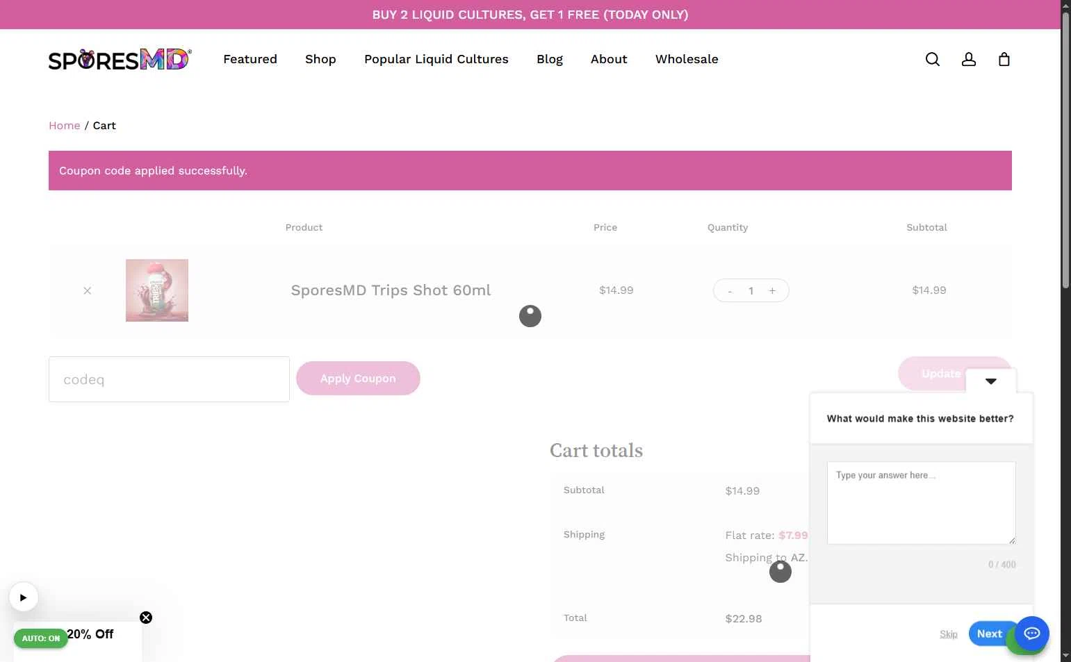 SporesMD checkout page showing SporesMD coupon code box | Screenshot taken by SimplyCodes community member on Jan 11, 2026
