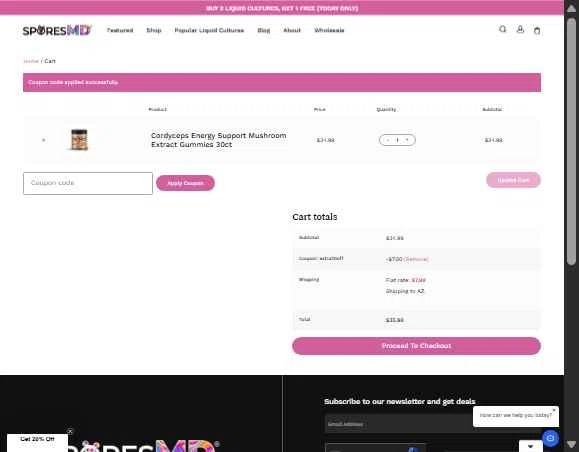 SporesMD checkout page showing SporesMD coupon code box | Screenshot taken by SimplyCodes community member on Jan 11, 2026
