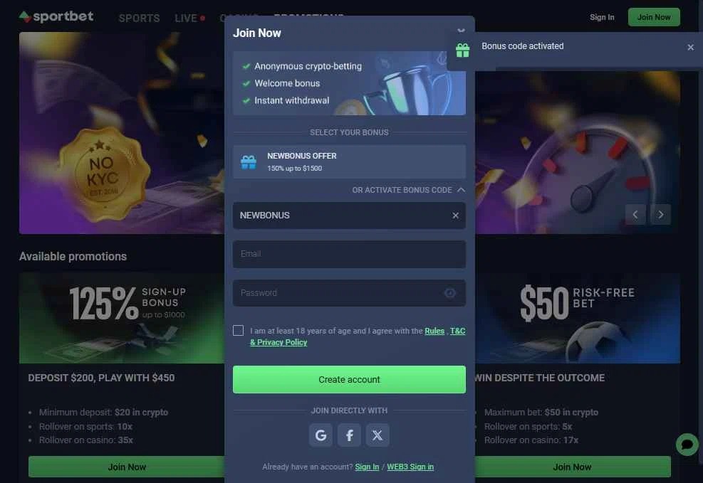 Sportbet.one checkout page showing Sportbet.one promo code box | Screenshot taken by SimplyCodes community member on Aug 3, 2025