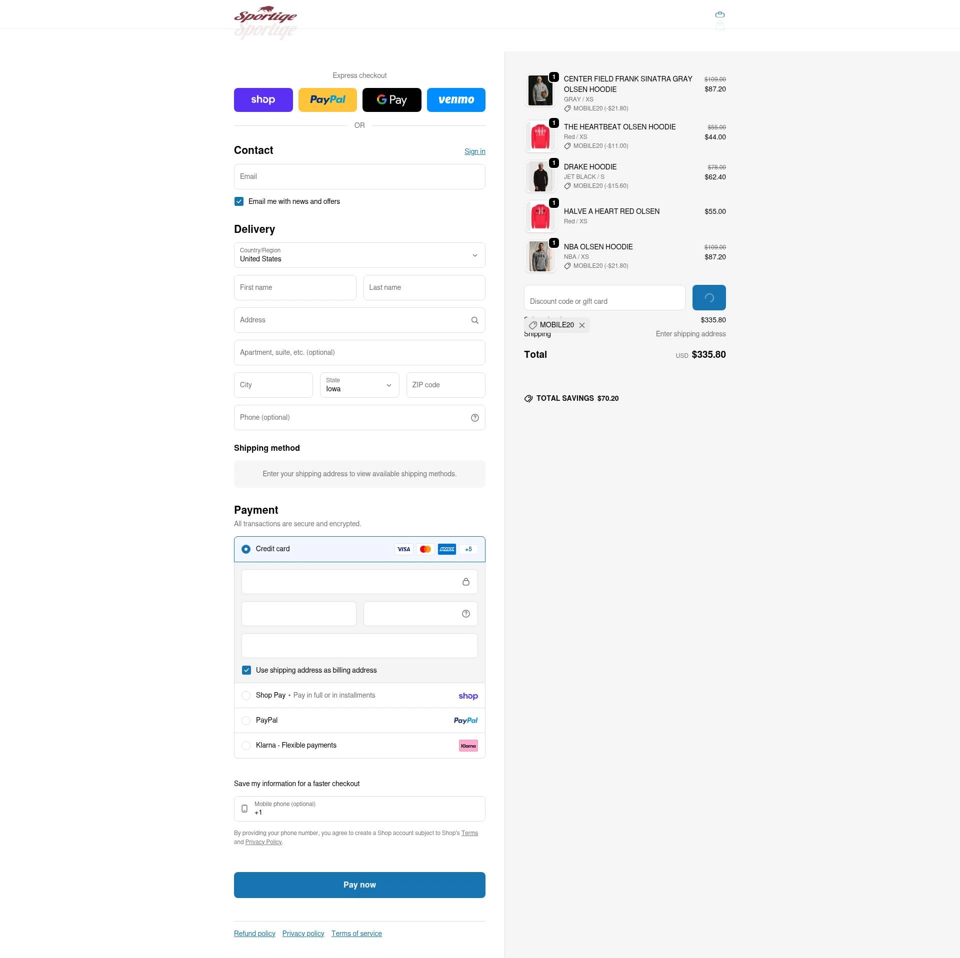 Sportiqe checkout page showing Sportiqe coupon code box | Screenshot taken by SimplyCodes community member on Feb 15, 2026