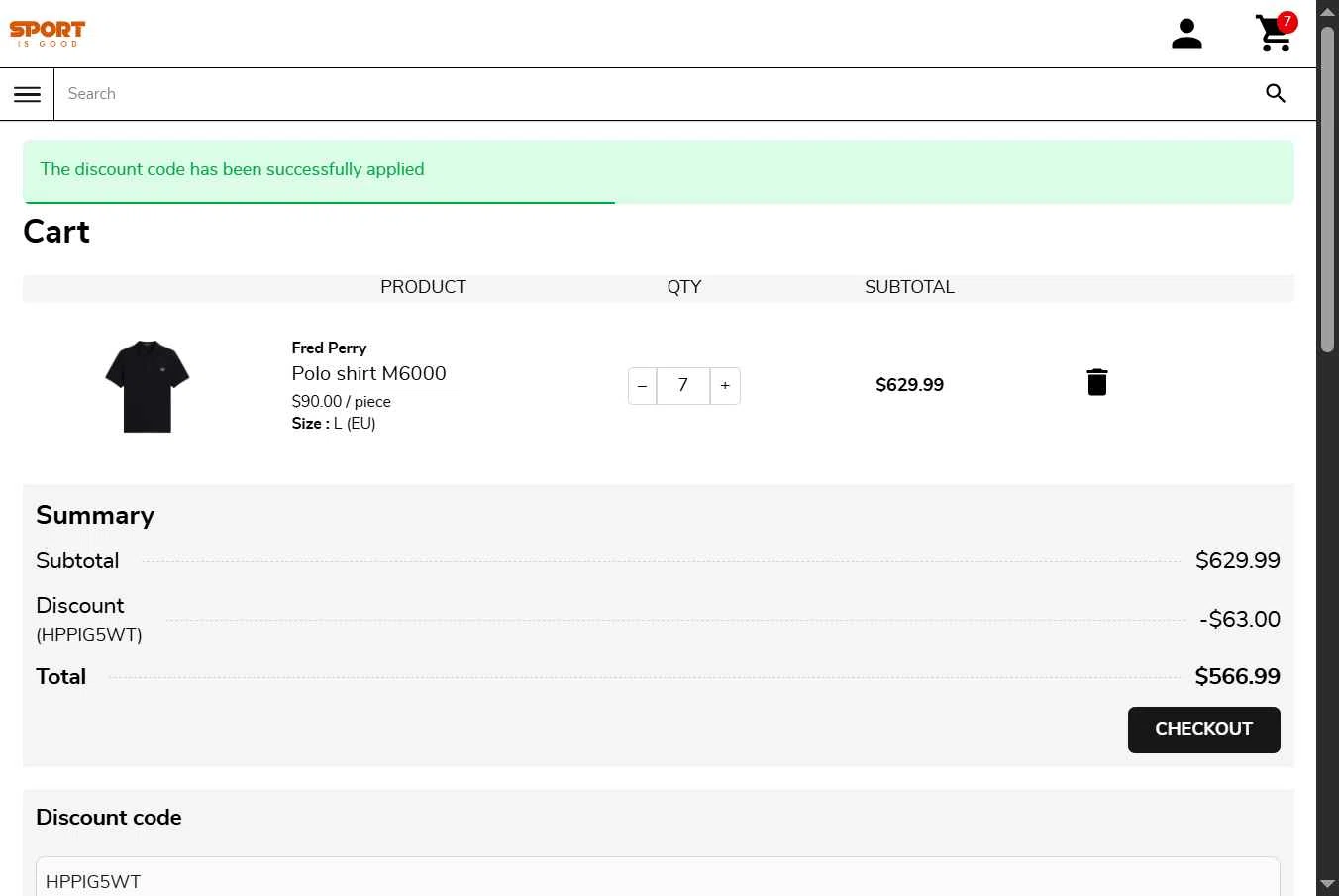Sport is Good checkout page showing Sport is Good discount code box | Screenshot taken by SimplyCodes community member on Feb 9, 2026