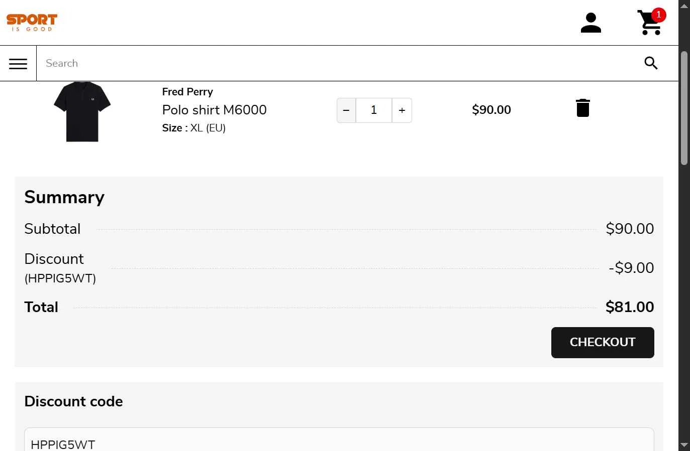 Sport is Good checkout page showing Sport is Good discount code box | Screenshot taken by SimplyCodes community member on Feb 9, 2026