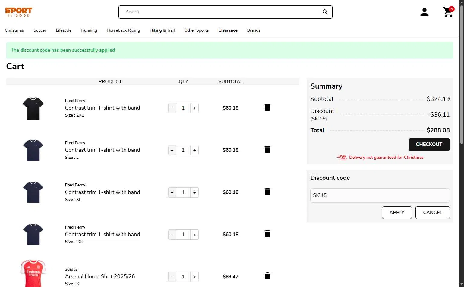 Sport is Good checkout page showing Sport is Good discount code box | Screenshot taken by SimplyCodes community member on Dec 21, 2025