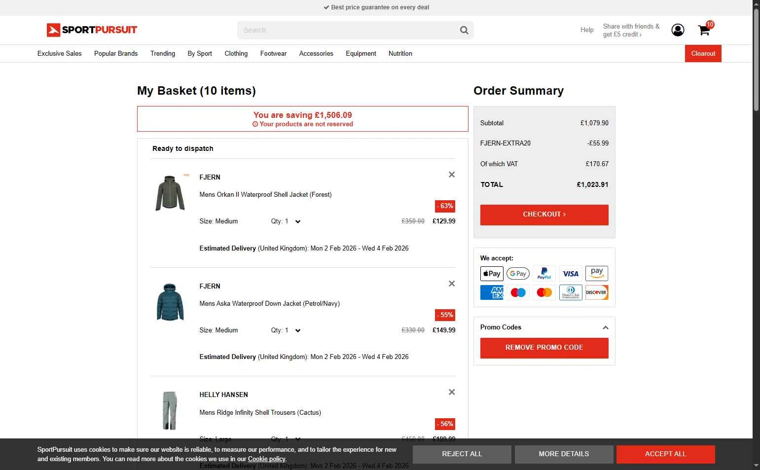 SportPursuit checkout page showing SportPursuit promo code box | Screenshot taken by SimplyCodes community member on Feb 1, 2026