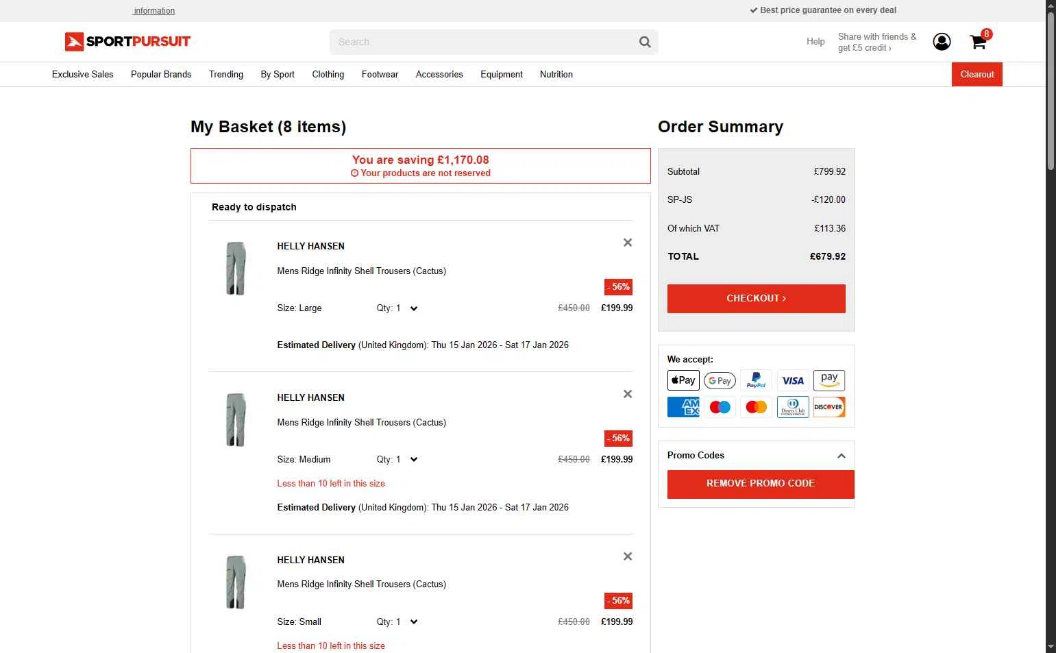 SportPursuit checkout page showing SportPursuit promo code box | Screenshot taken by SimplyCodes community member on Jan 13, 2026