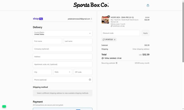 Sports Box Co. checkout page showing Sports Box Co. promo code box | Screenshot taken by SimplyCodes community member on Aug 25, 2025