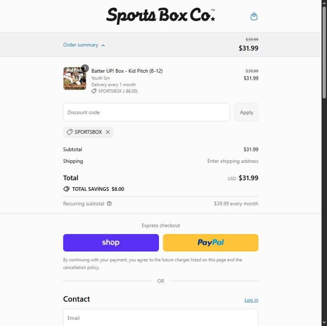 Sports Box Co. checkout page showing Sports Box Co. promo code box | Screenshot taken by SimplyCodes community member on Sep 1, 2025