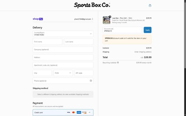 Sports Box Co. checkout page showing Sports Box Co. promo code box | Screenshot taken by SimplyCodes community member on Aug 25, 2025