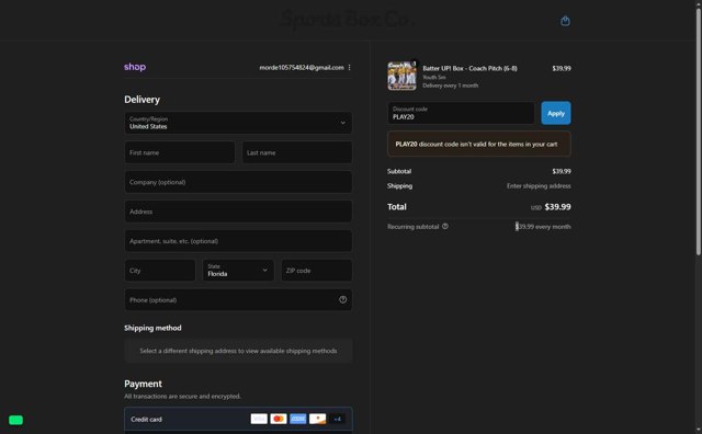 Sports Box Co. checkout page showing Sports Box Co. promo code box | Screenshot taken by SimplyCodes community member on Aug 29, 2025