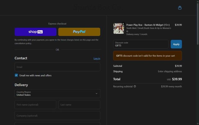 Sports Box Co. checkout page showing Sports Box Co. promo code box | Screenshot taken by SimplyCodes community member on Aug 25, 2025