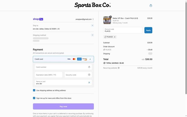 Sports Box Co. checkout page showing Sports Box Co. promo code box | Screenshot taken by SimplyCodes community member on Aug 25, 2025