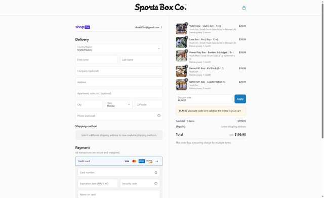 Sports Box Co. checkout page showing Sports Box Co. promo code box | Screenshot taken by SimplyCodes community member on Aug 18, 2025