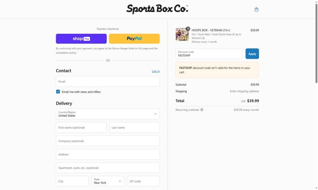 Sports Box Co. checkout page showing Sports Box Co. promo code box | Screenshot taken by SimplyCodes community member on Aug 25, 2025