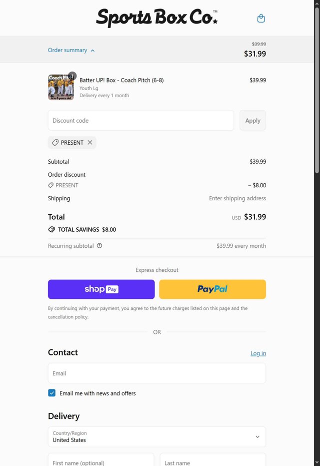 Sports Box Co. checkout page showing Sports Box Co. promo code box | Screenshot taken by SimplyCodes community member on Aug 25, 2025