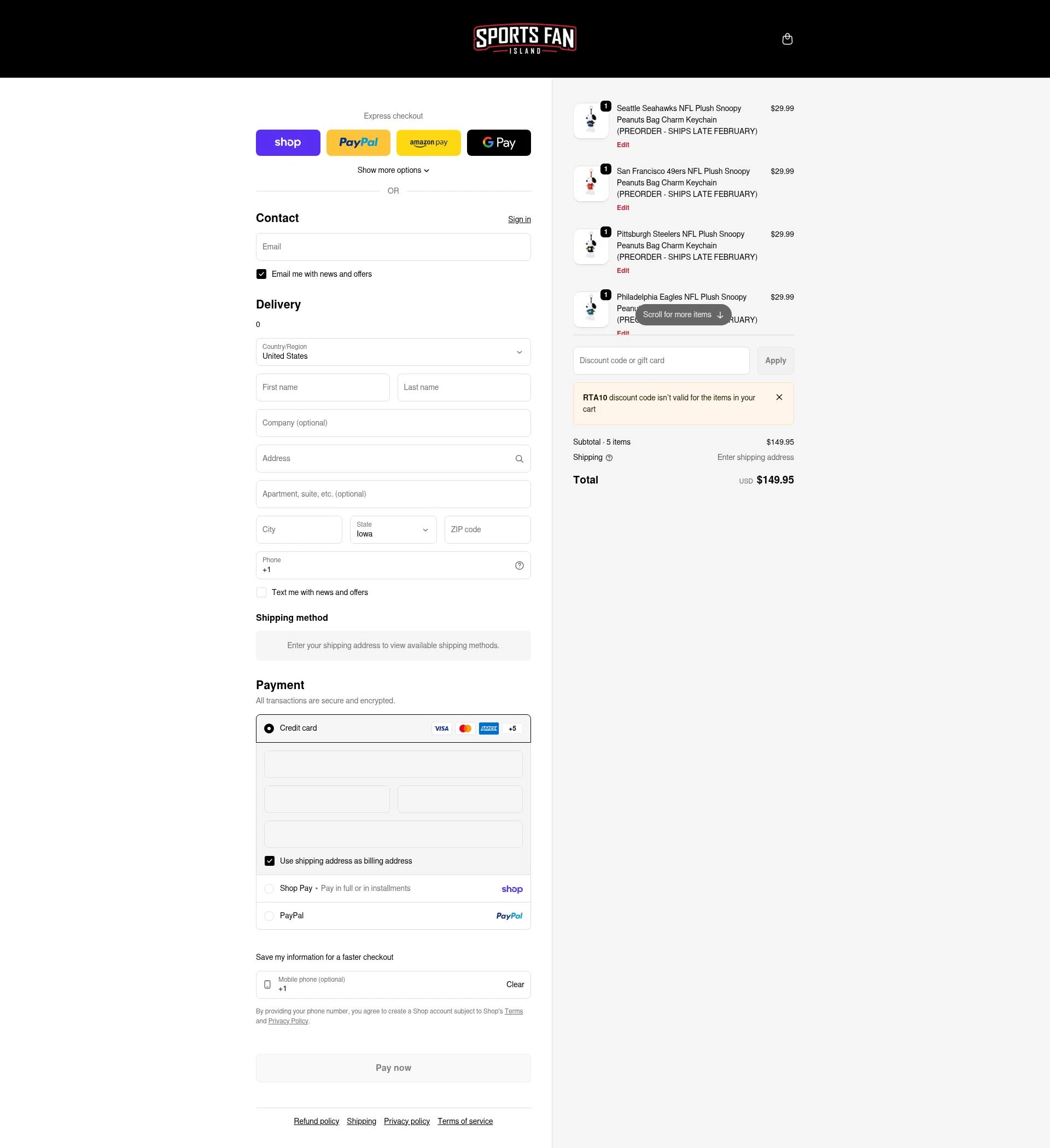 Sports Fan Island checkout page showing Sports Fan Island discount code box | Screenshot taken by SimplyCodes community member on Feb 6, 2026