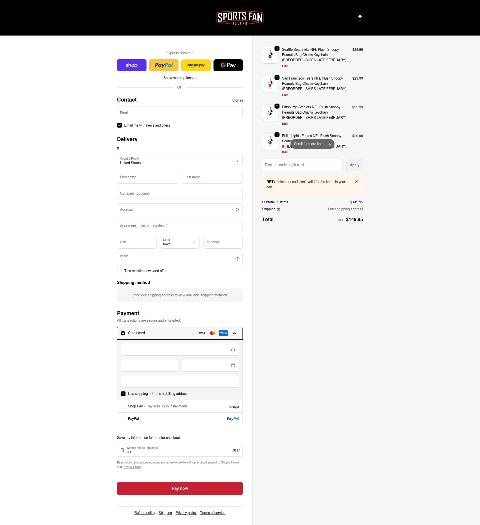 Sports Fan Island checkout page showing Sports Fan Island discount code box | Screenshot taken by SimplyCodes community member on Feb 6, 2026