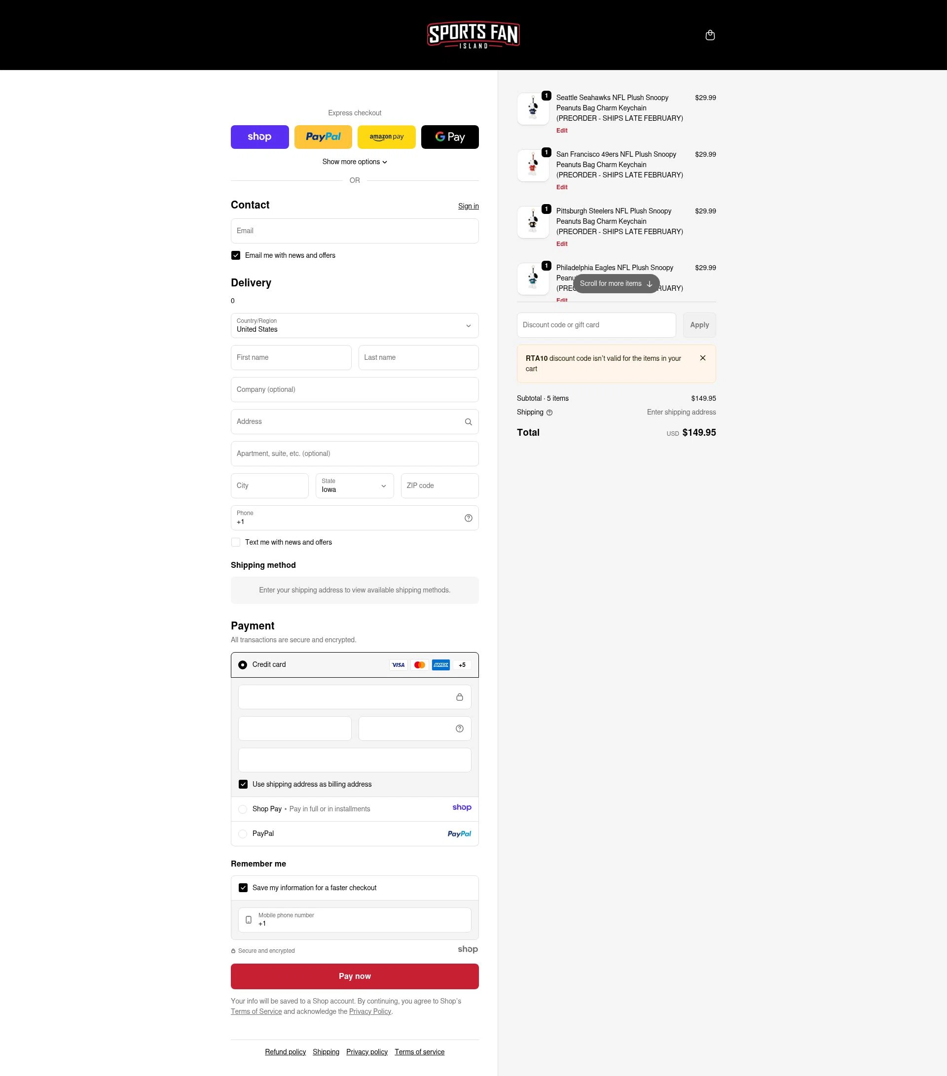 Sports Fan Island checkout page showing Sports Fan Island discount code box | Screenshot taken by SimplyCodes community member on Jan 19, 2026