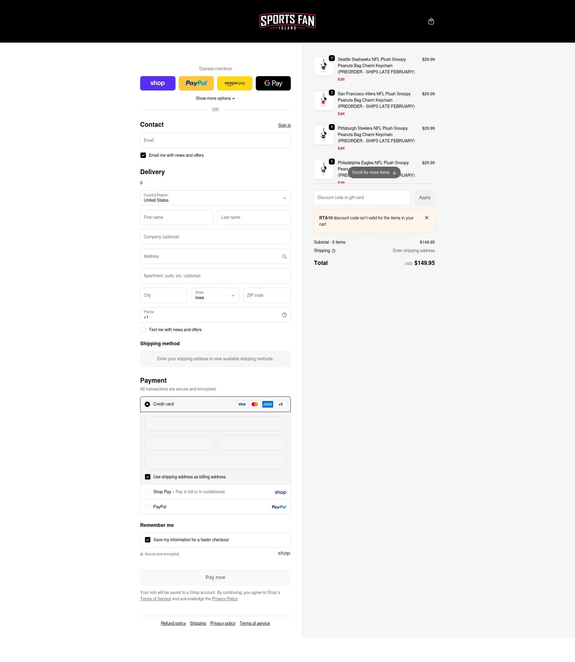 Sports Fan Island checkout page showing Sports Fan Island discount code box | Screenshot taken by SimplyCodes community member on Jan 24, 2026
