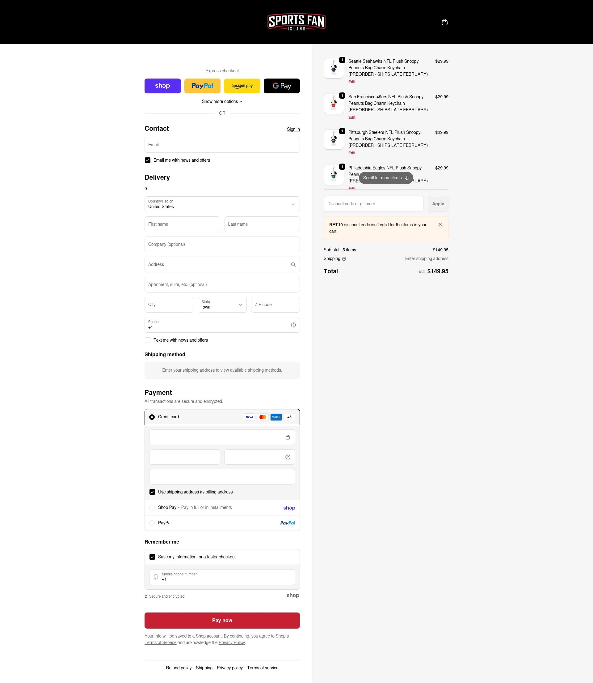 Sports Fan Island checkout page showing Sports Fan Island discount code box | Screenshot taken by SimplyCodes community member on Jan 28, 2026