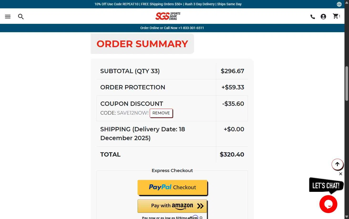 Sports Gear Swag checkout page showing Sports Gear Swag coupon code box | Screenshot taken by SimplyCodes community member on Dec 9, 2025