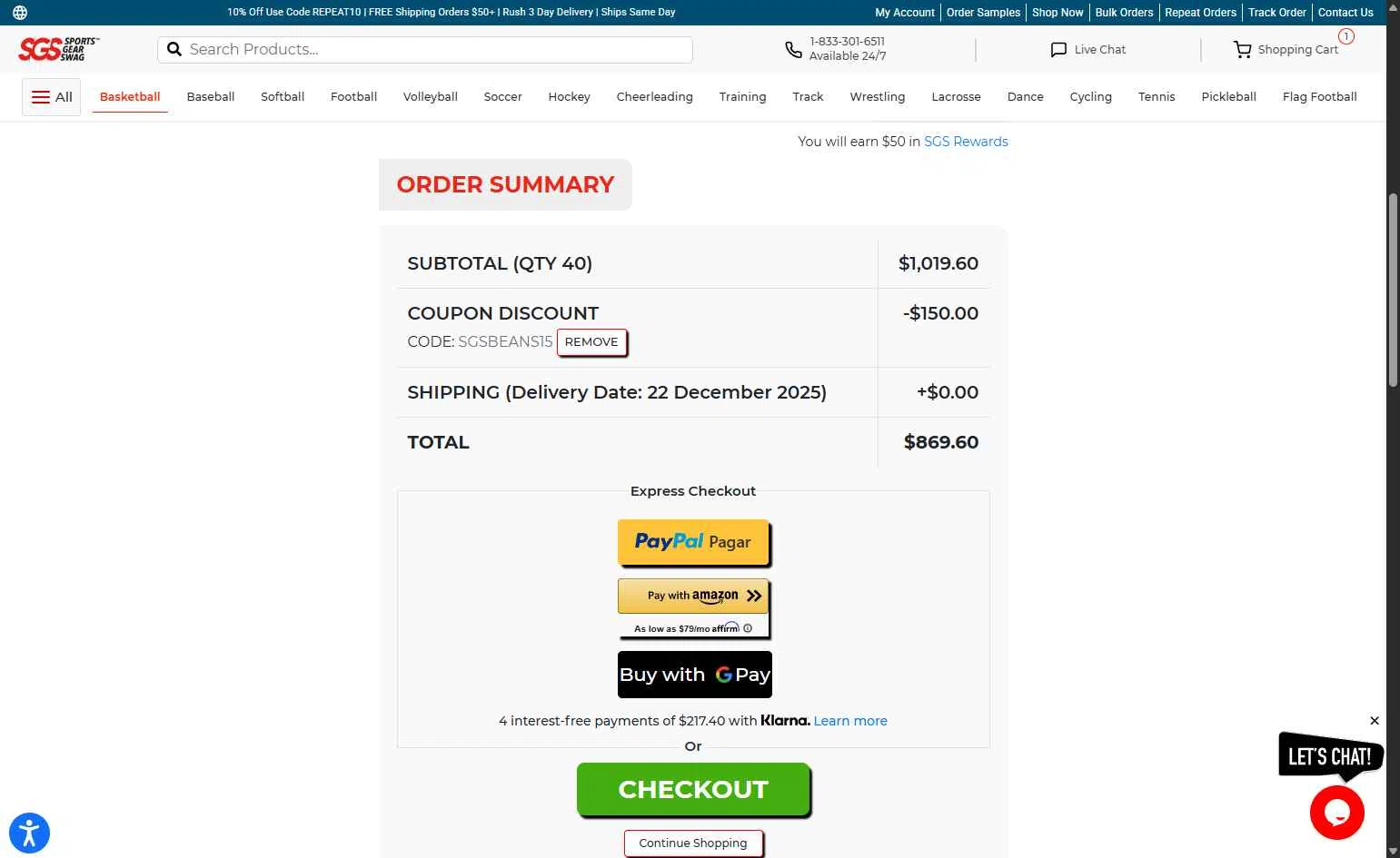 Sports Gear Swag checkout page showing Sports Gear Swag coupon code box | Screenshot taken by SimplyCodes community member on Dec 11, 2025