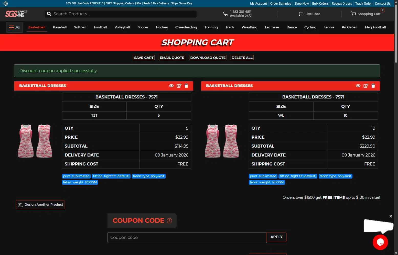 Sports Gear Swag checkout page showing Sports Gear Swag coupon code box | Screenshot taken by SimplyCodes community member on Dec 31, 2025