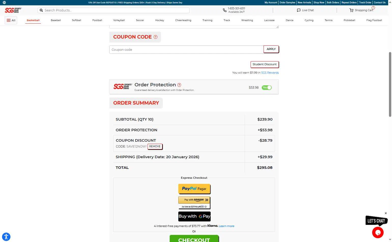 Sports Gear Swag checkout page showing Sports Gear Swag coupon code box | Screenshot taken by SimplyCodes community member on Jan 11, 2026