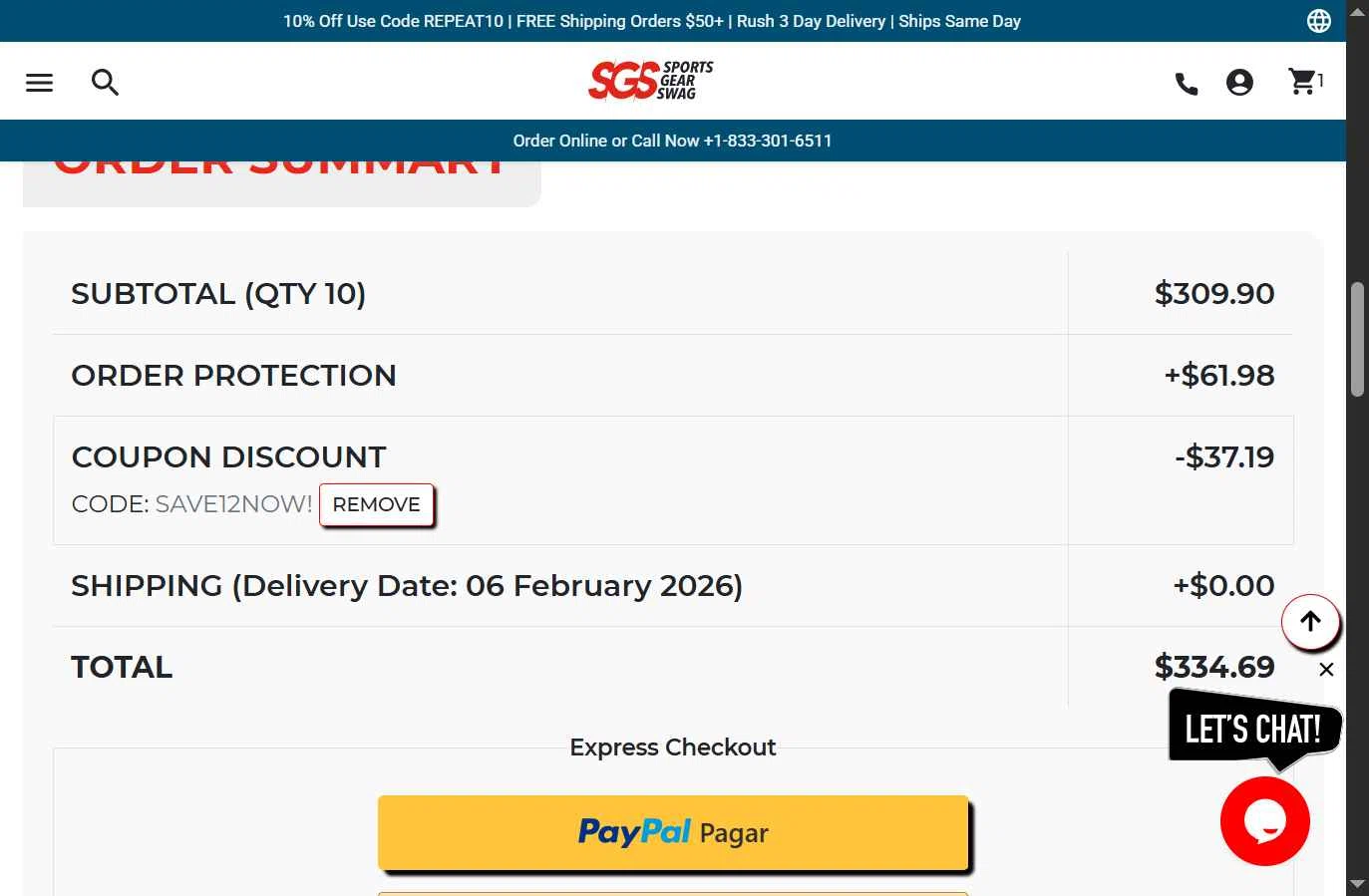 Sports Gear Swag checkout page showing Sports Gear Swag coupon code box | Screenshot taken by SimplyCodes community member on Jan 22, 2026