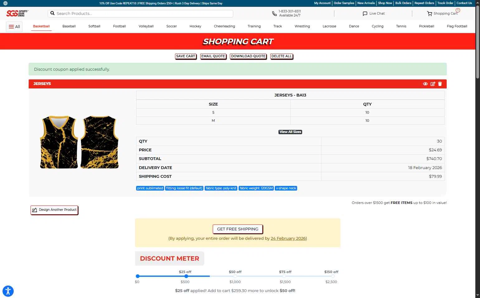 Sports Gear Swag checkout page showing Sports Gear Swag coupon code box | Screenshot taken by SimplyCodes community member on Feb 13, 2026