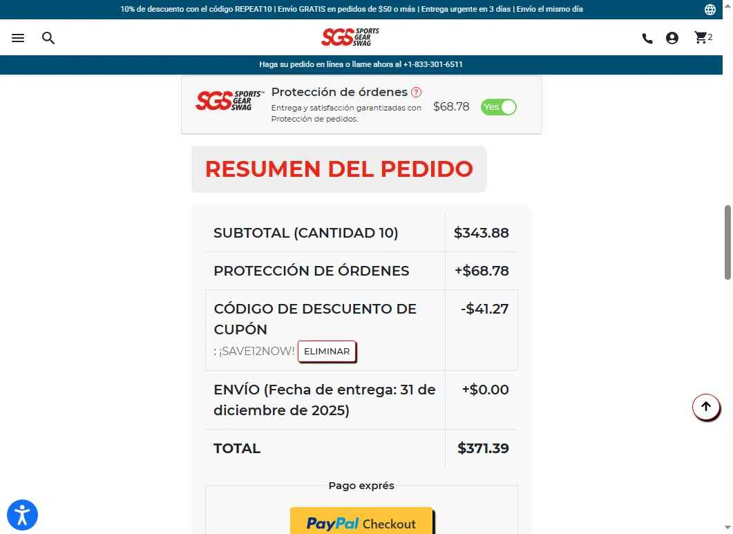 Sports Gear Swag checkout page showing Sports Gear Swag coupon code box | Screenshot taken by SimplyCodes community member on Dec 20, 2025