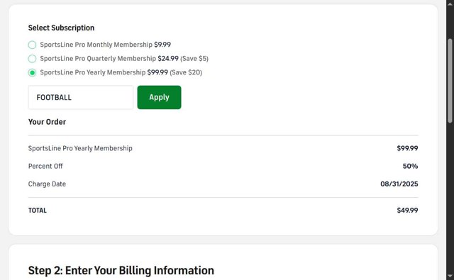 SportsLine checkout page showing SportsLine coupon code box | Screenshot taken by SimplyCodes community member on Aug 31, 2025