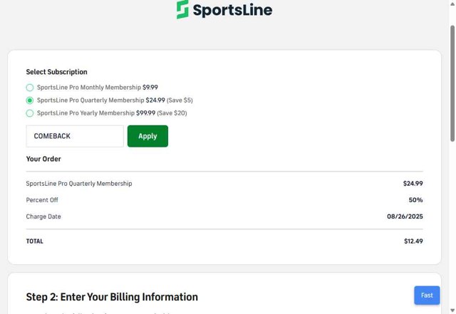 SportsLine checkout page showing SportsLine coupon code box | Screenshot taken by SimplyCodes community member on Aug 26, 2025