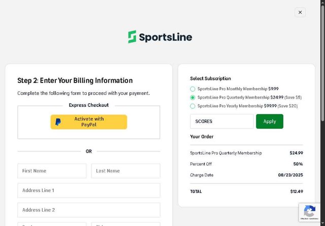 SportsLine checkout page showing SportsLine coupon code box | Screenshot taken by SimplyCodes community member on Aug 23, 2025