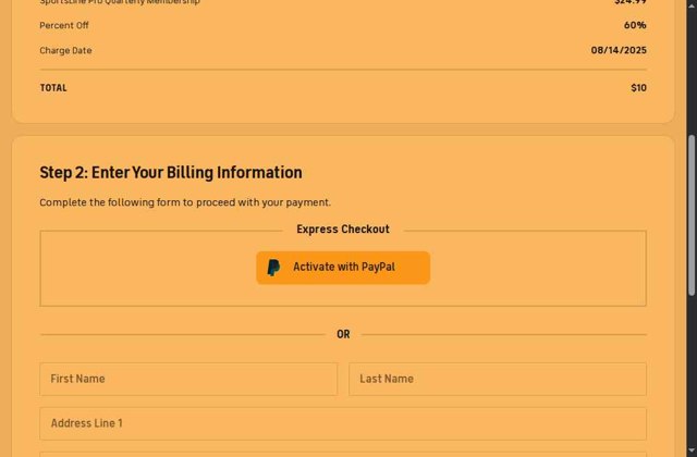 SportsLine checkout page showing SportsLine coupon code box | Screenshot taken by SimplyCodes community member on Aug 14, 2025