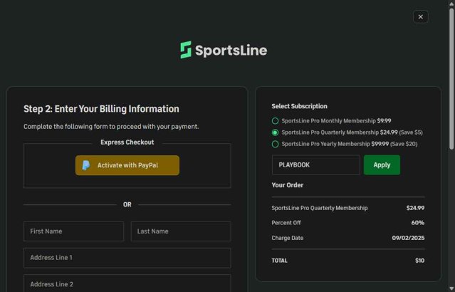 SportsLine checkout page showing SportsLine coupon code box | Screenshot taken by SimplyCodes community member on Sep 2, 2025
