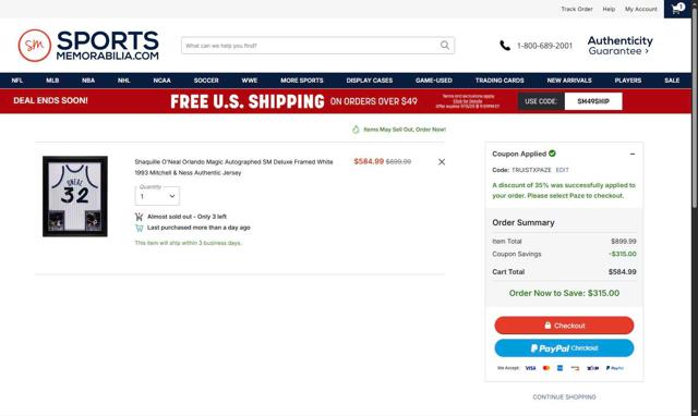 Sports Memorabilia checkout page showing Sports Memorabilia coupon code box | Screenshot taken by SimplyCodes community member on Sep 15, 2025