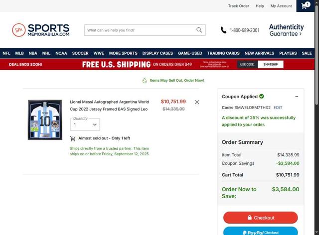 Sports Memorabilia checkout page showing Sports Memorabilia coupon code box | Screenshot taken by SimplyCodes community member on Aug 28, 2025
