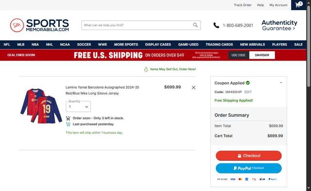 Sports Memorabilia checkout page showing Sports Memorabilia coupon code box | Screenshot taken by SimplyCodes community member on Aug 2, 2025
