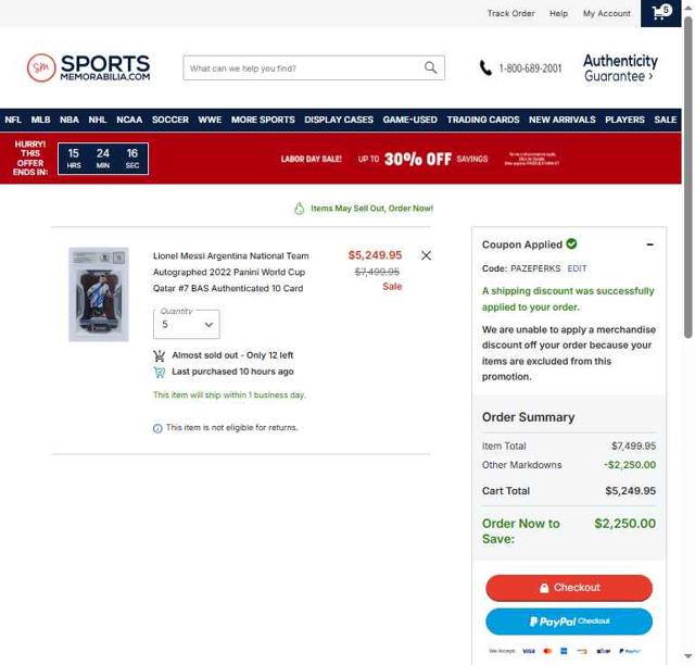 Sports Memorabilia checkout page showing Sports Memorabilia coupon code box | Screenshot taken by SimplyCodes community member on Sep 1, 2025