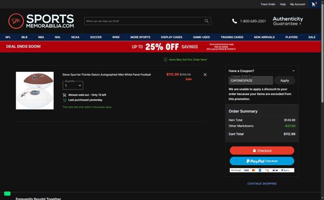 Sports Memorabilia checkout page showing Sports Memorabilia coupon code box | Screenshot taken by SimplyCodes community member on Sep 5, 2025