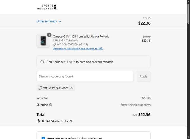 Sports Research checkout page showing Sports Research promo code box | Screenshot taken by SimplyCodes community member on Sep 8, 2025