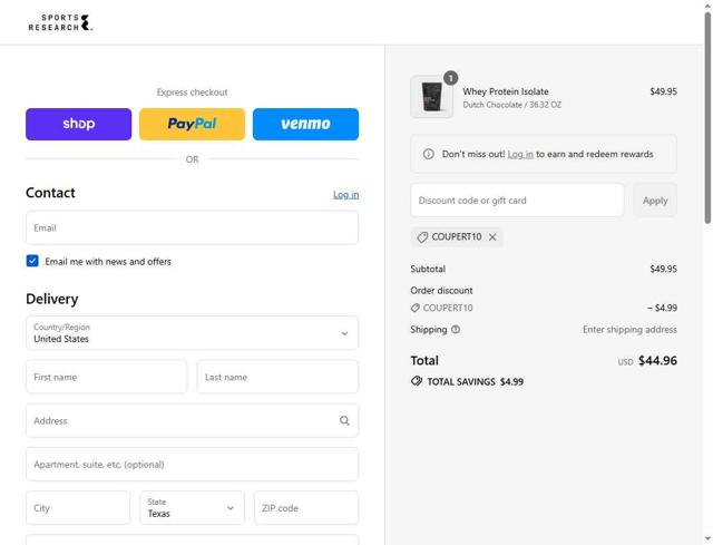 Sports Research checkout page showing Sports Research promo code box | Screenshot taken by SimplyCodes community member on Sep 6, 2025