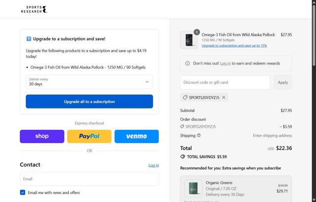 Sports Research checkout page showing Sports Research promo code box | Screenshot taken by SimplyCodes community member on Sep 8, 2025