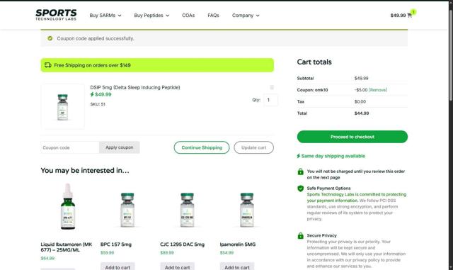 Sports Technology Labs checkout page showing Sports Technology Labs coupon code box | Screenshot taken by SimplyCodes community member on Jul 25, 2025